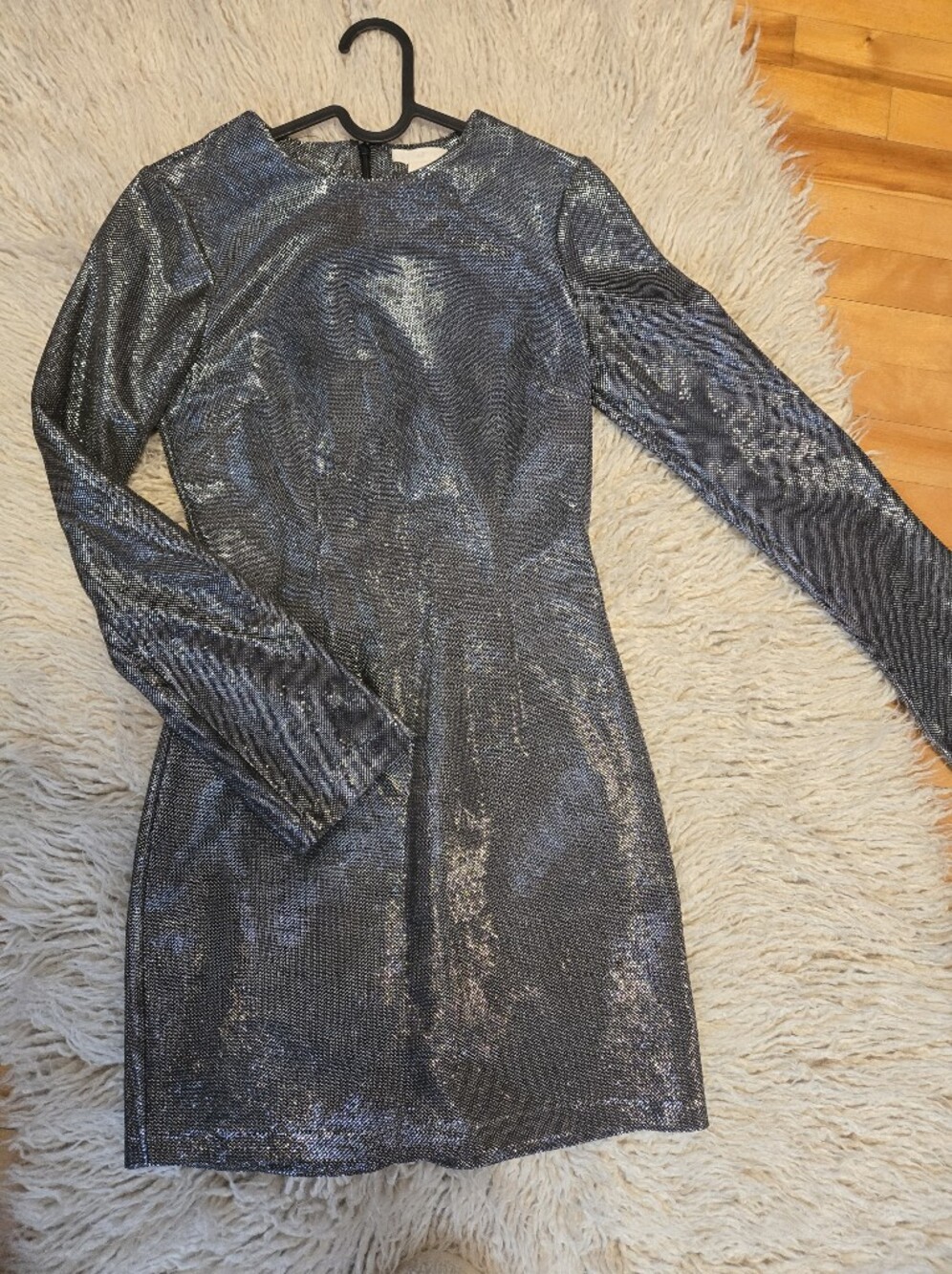 Metallic Silver Long Sleeve Sequin Mini Dress XS
